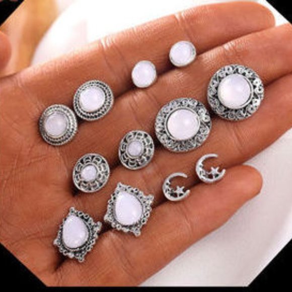 Jewelry - Set of 6 Silver Celestial White Gem Earrings